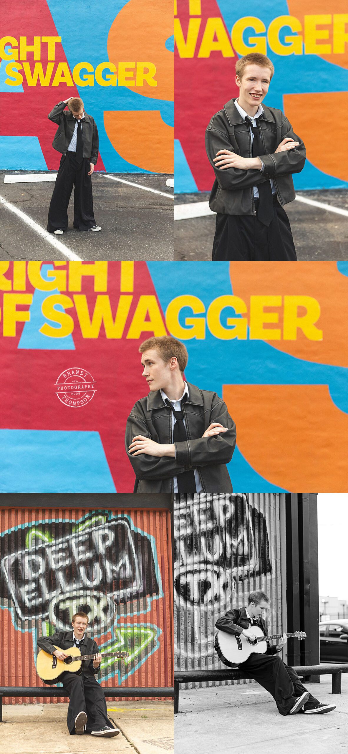 collage of edgy senior photos in deep ellum, with light skinned teen boy in leather jacket and black pants with murals behind him 