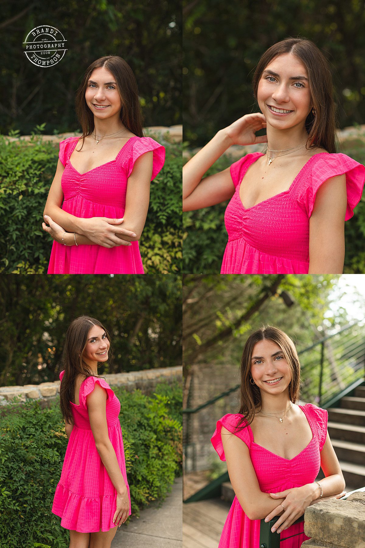 collage of outdoor photos of a light skinned senior girl with dark hair and a hot pink mini dress - senior mini session plano
