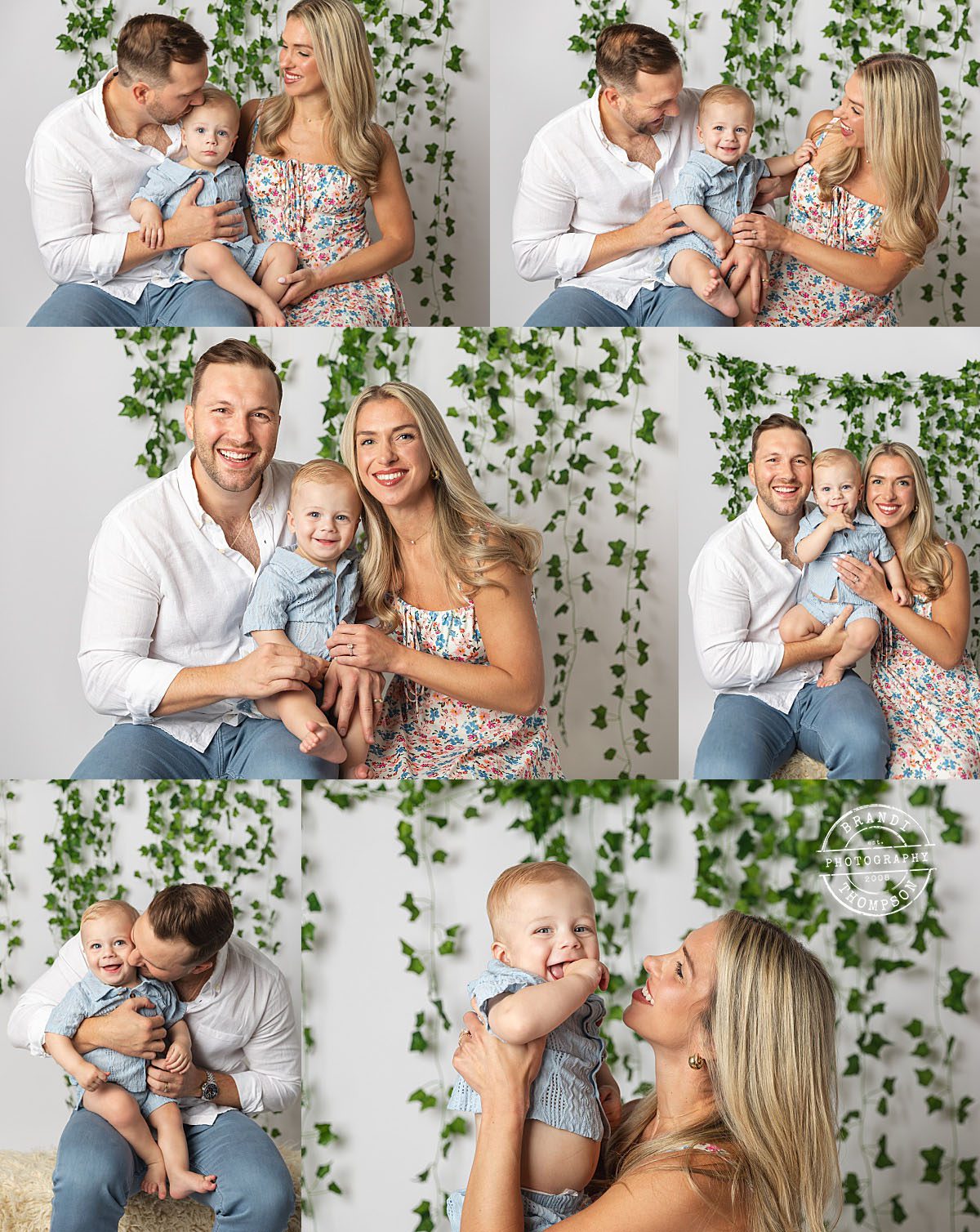 collage of family and first birthday photos in studio in Plano TX, with a light skinned family with dad, mom and baby boy all in shades of white and blue