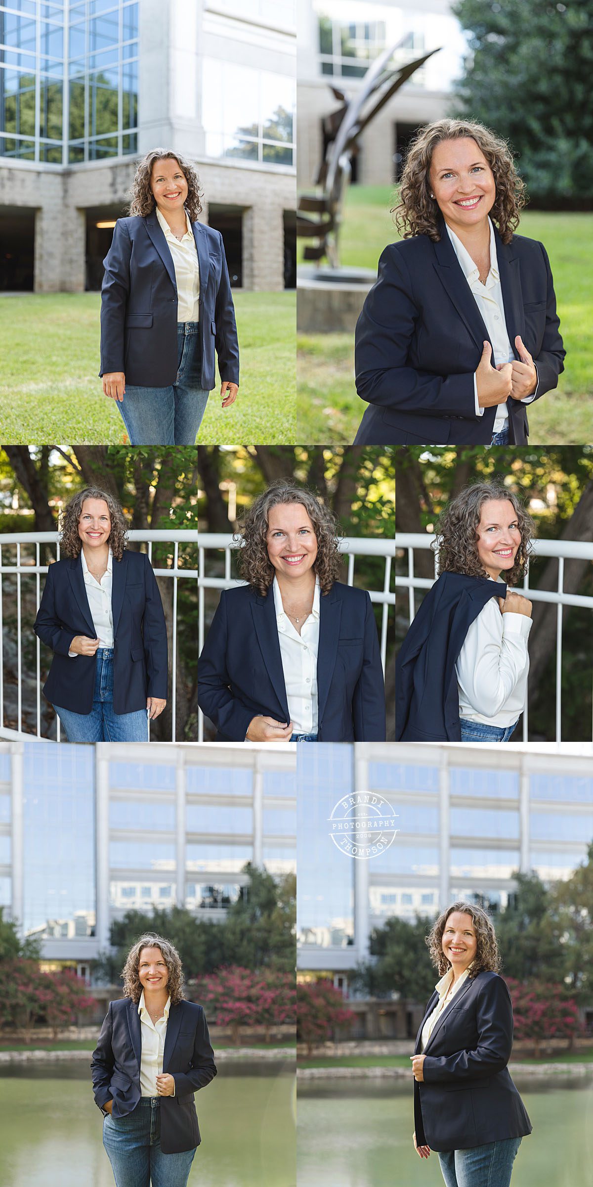 collage of personal branding business images of a light skinned woman with curly hair in a blazer, white blouse and jeans in an office park - Frisco Personal Branding