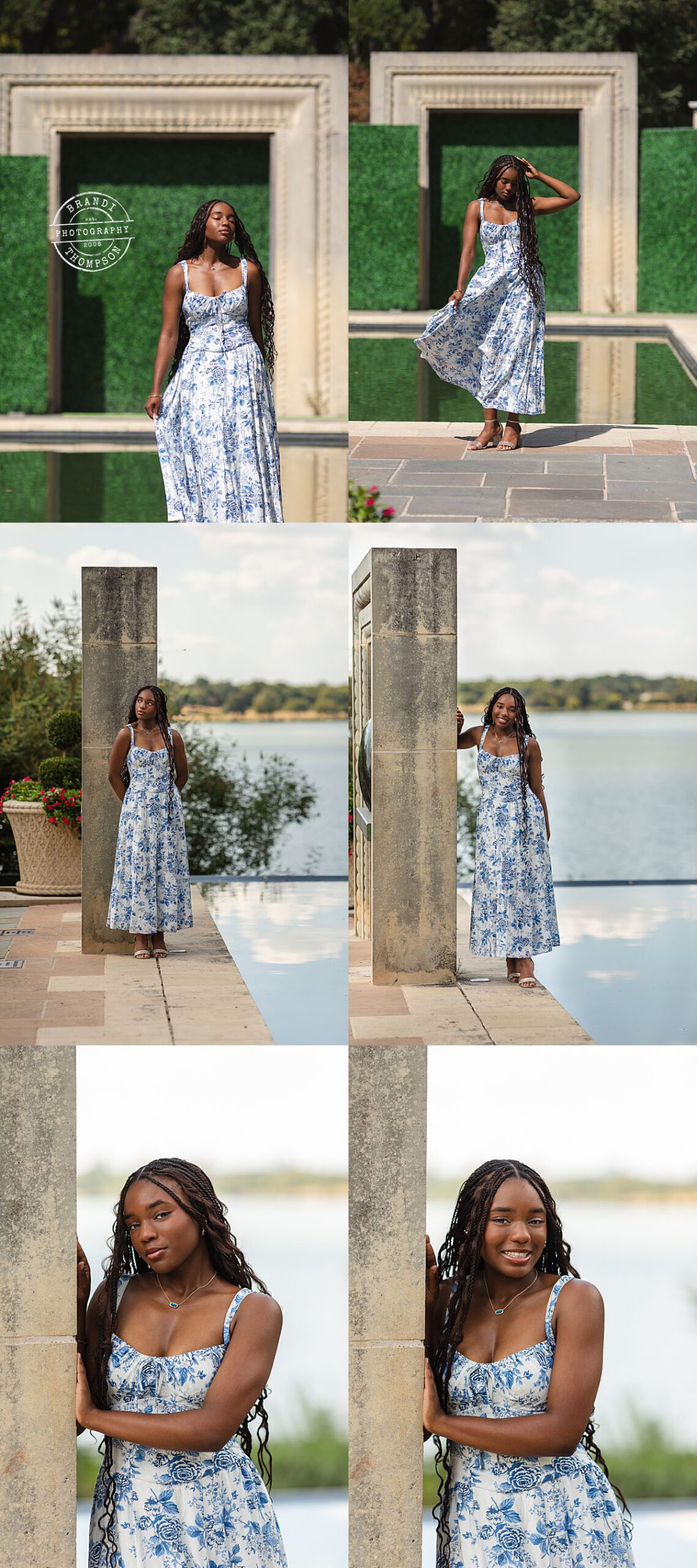 collage of outdoor senior photos with Black teenage girl with long braids and a blue and white maxi dress - dallas senior session