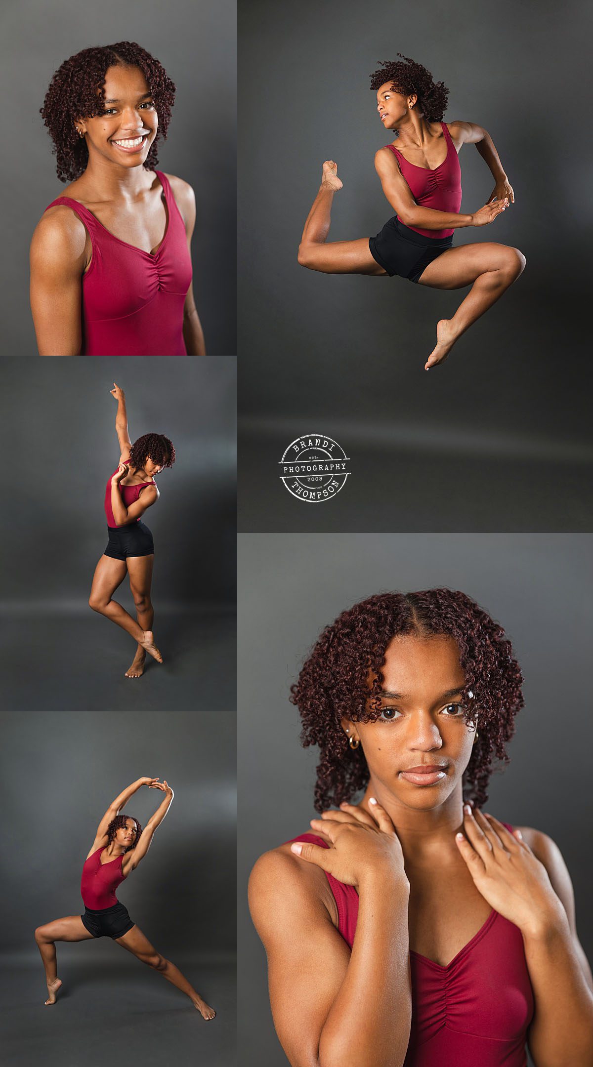 collage of dance headshots in studio of a Black teenage girl with short curly hair and a red leotard with black shorts - Plano dance headshots