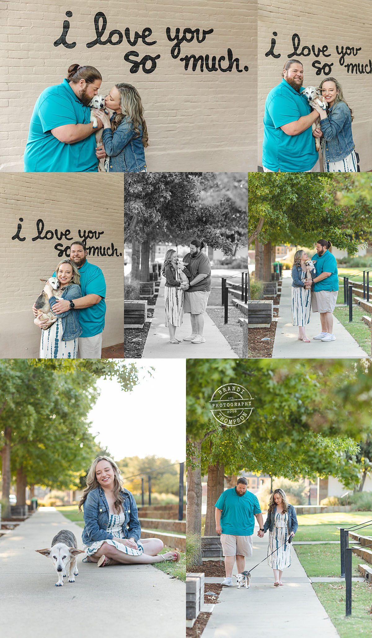 collage of senior dog photos with light skinned couple outdoors with a senior small dog in lewisville, Tx